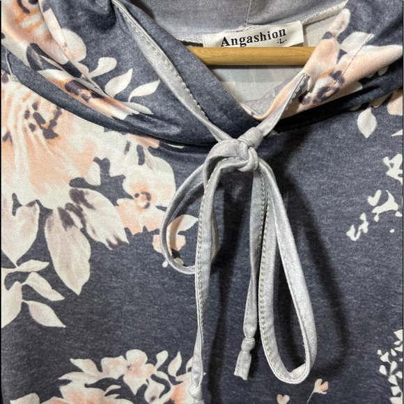 ANGASHION MARLED GRAY AND BLUSH PINK FLORAL LS SOFT STRETCHY HOODIE TOP - Picture 3 of 13
